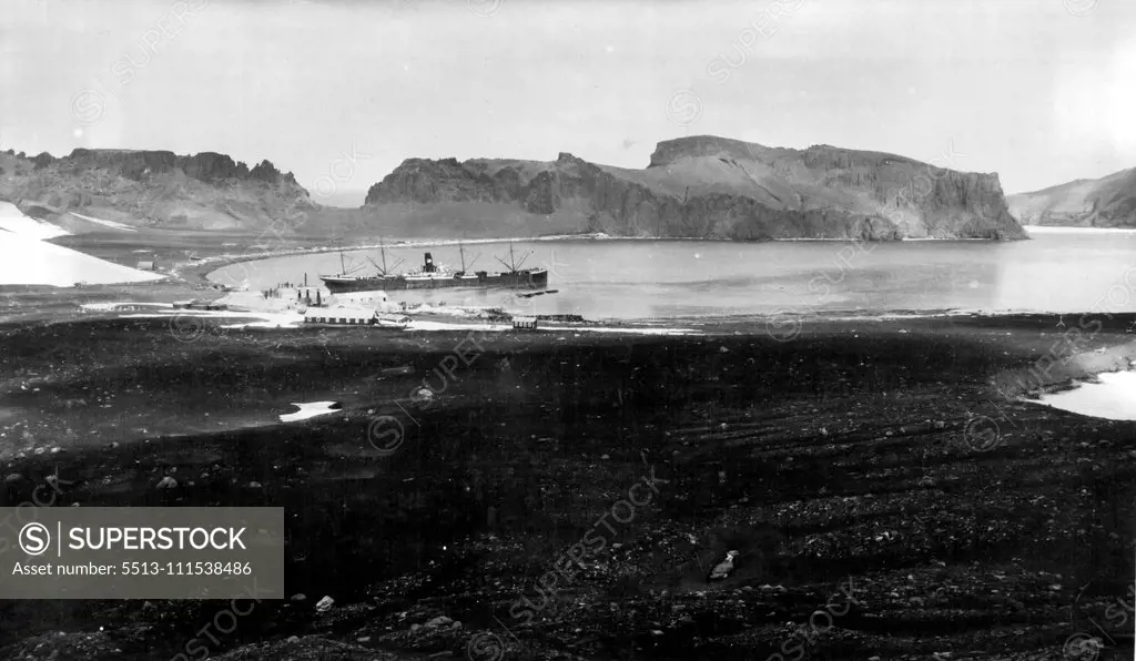 First Photos Wilkins-Hearst Antarctic Expedition. A view of the Harbor of deception island from the plane landing field here used by Wilkins for takeoffs in his plane. March 14, 1929. (Photo by Universal Service).
