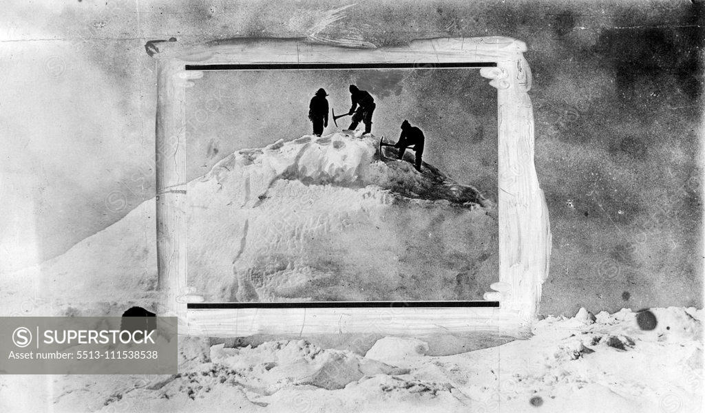 Stock Photo: 5513-111538538 With MacMillan's Expedition into the Arctic: Remarkable photographs taken by Donald MacMillan, Arctic Explorer on his most recent expedition into furthermost icy regions of the North. Members of the expedition getting the water supply from an ice-berg. October 24, 1924. (Photo by International Newsreel Photo).