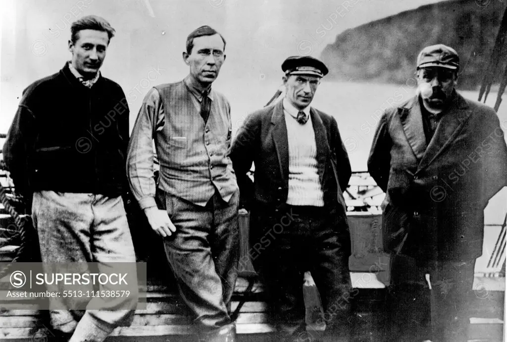 Andree's Camp on White Island - After Thirty-Three Years: M. Sorensen (zoologist), and Dr. Gunnar Horn, leader of the Norwegian scientific expedition, and Captain P. Eliassen, master of the Bratvaag, and Botanist Olaf Hanssen. October 9, 1930. (Photo by The Times).