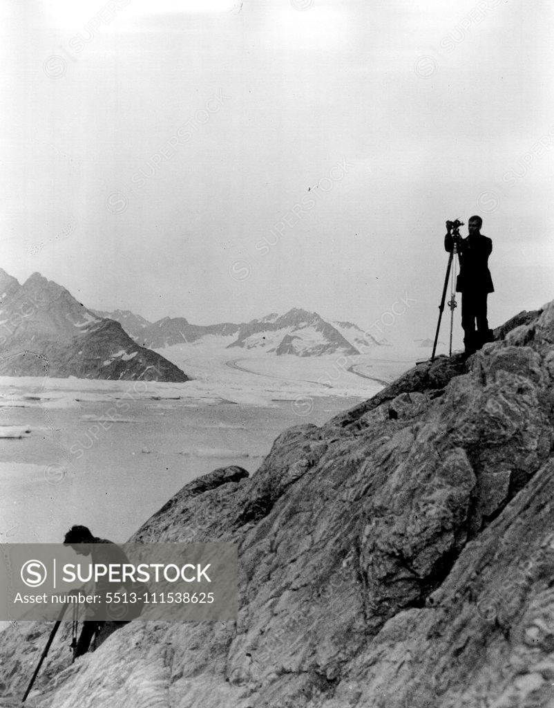 Stock Photo: 5513-111538625 Greenland Air Survey Expedition - Watkins Last Day: Our picture taken on the previous expedition shows the part of Lake Fjord where the tragedy occurred. November 21, 1932. (Photo by British Arctic Air Route Expedition Photograph).