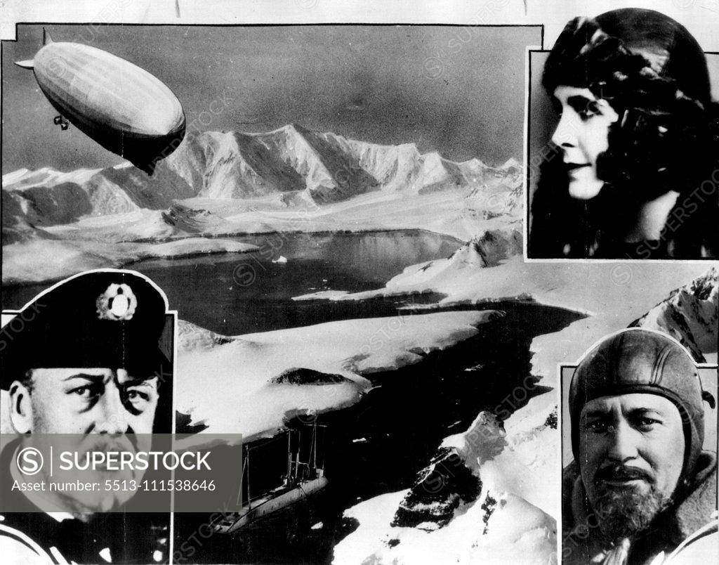 Stock Photo: 5513-111538646 Pictorial forecast of the proposed meeting of the Zeppelin of Dr. Eckener (lower left), with the submarine of Sir G. H. Wilkins (lower right) at the North Pole. Lady Grace Drummond Hay (above) will be on the Zeppelin. June 8, 1931. (Photo by International News Photos, Inc.).