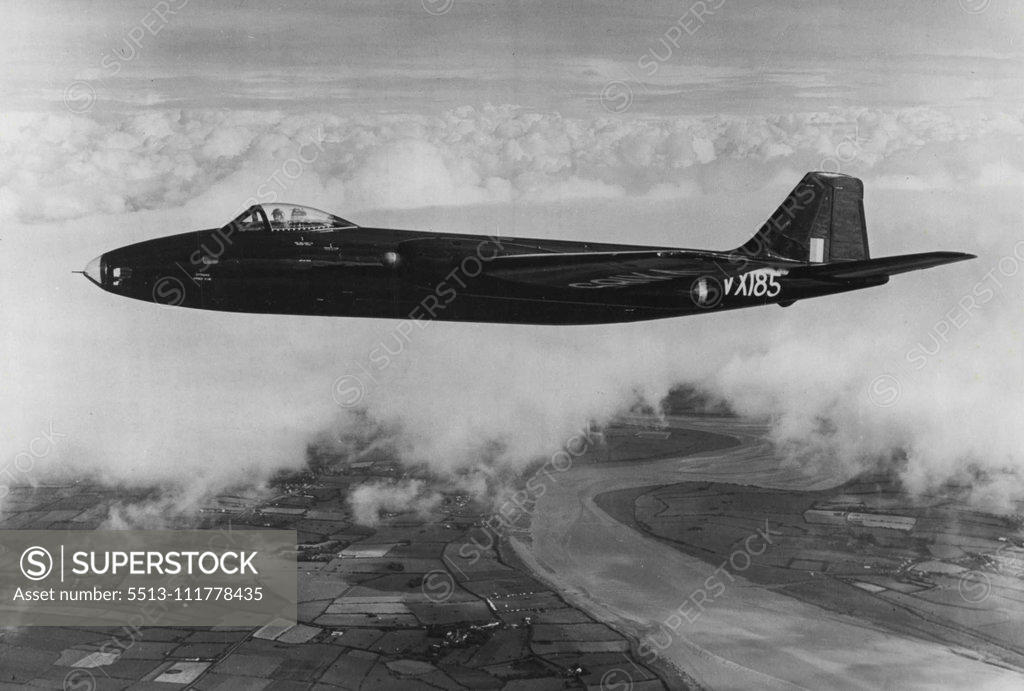Stock Photo: 5513-111778435 New 'Canberra' Has Dual Role -- Shown here is the new version of the English Electric Canberra jet bomber the Mark B.8, first flight of which is announced to-day (Saturday). The new Canberra can be used as a high altitude bomber-the role in which it is shown here-or, fitted with armament, for long-range night ***** duties involving attack on communication and other ground targets. The armament is controlled by the pilot who has a fighter-type canopy, while the second crew member, the navigator, 