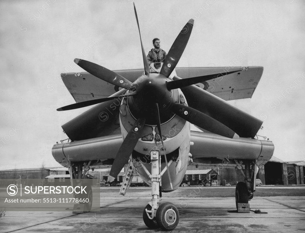 Stock Photo: 5513-111778460 'Concertina' Plane Neatly 'packaged' and ready for stowing - Fairey Gannett with wings folded and with multi-bladed propeller at front at Ford to-day. The Navy to-day (Monday) formally received its first aircraft specially designed for anti-submarine duties - the Fairey Gannet - in a a ceremony at the Royal Naval Air Station, Ford, Sussex. Sir Richard Fairey, Chairman and Managing Director of Fairey Aviation, Limited, handed over log books of the aircraft and later watched a demonstration fly pa