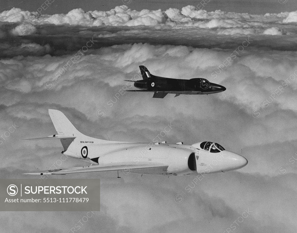 Stock Photo: 5513-111778479 The Supermarine 525 and Swift. The 525 is a new experimental Naval aircraft powered by two Rolls-Royce Avon engines and is a development of the Supermarine 508. The Swift is powered by one Rolls-Royce Avon engine and is now in production for the R.A.F. October 26, 1954. (Photo by Charles E. Brown).