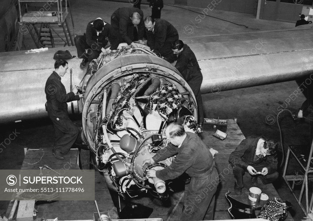 Stock Photo: 5513-111778496 Preparing For a Royal Passenger. A team of mechanics seen giving a final check to the engines of the "Canopus" which will fly Princess Margaret to Trinidad on Monday. The B.O.A.C. Stratocruiser "Canopus" is now being serviced and prepared at London Airport ready to take H.R.H. Princess Margaret on her 5,000-miles flight to Trinidad on Monday next, for the start of her Caribbean Tour. January 26, 1955. (Photo by Fox Photos).
