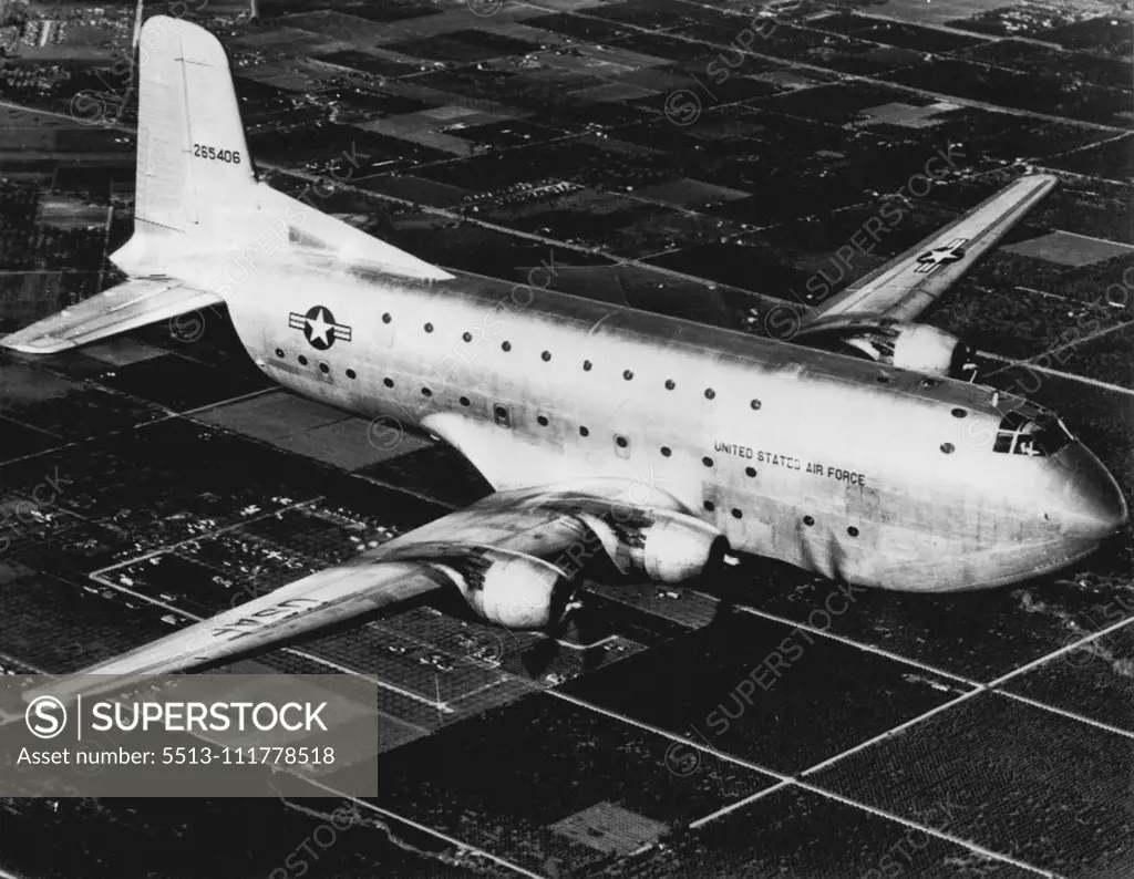 Giant Transport Like This One Missing On Atlantic Flight -- Shown above is a giant U.S. Air Force C-124 or Globemaster II. A plane of this type disappeared in bad weather today on a flight from the U.S. to England. The British Press Association reported there were 52 persons aboard the plane last heard from in a routine radio check 800 miles southwest of Ireland. Transport was en route from Limestone, Me., to the American base at Mildenhall, Suffolk, England. March 23, 1951. (Photo by AP Wirepho