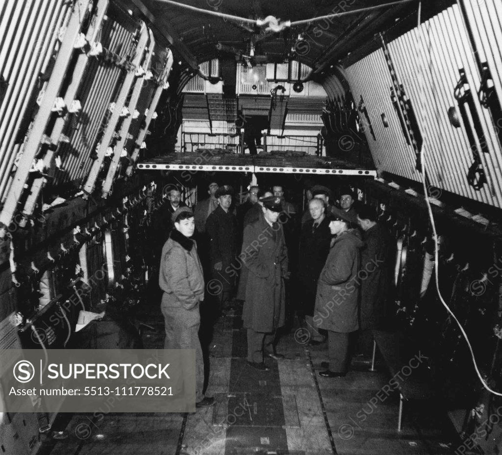 Stock Photo: 5513-111778521 Here is an interior view of the latest Douglas type aircraft 124 a four engined Transport plane in which personel and cars and equipment can be rushed to any zone at speed. It carries about 200 of personel as well as equipment. It was on view at Lakenheath RAF station when the American squadron flew in. January 19, 1951.