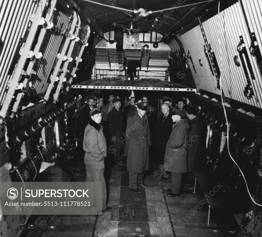 Here is an interior view of the latest Douglas type aircraft 124 a four engined Transport plane in which personel and cars and equipment can be rushed to any zone at speed. It carries about 200 of personel as well as equipment. It was on view at Lakenheath RAF station when the American squadron flew in. January 19, 1951.