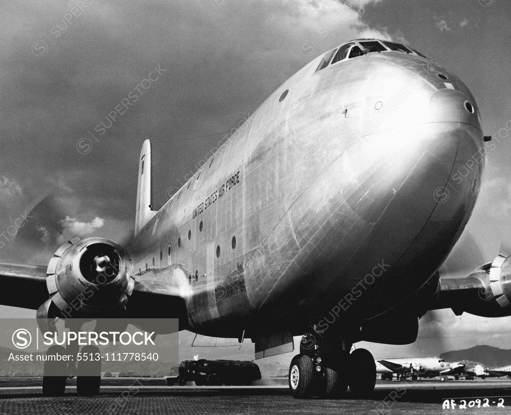 Stock Photo: 5513-111778540 Jimmy Durante Outnosed? This unusual view of the nose of a giant C-124 Cloberaaster gives Comedian Jimmy Durante a good run for his money. The picture was taken Just after the aircraft had taxied to the parking ramp of an airlift base somewhere in Korea. The 315th Air Division (Combat Cargo) which operates the airlift between Japan and Korea carrying troops and cargo recently placed the C-124 into regular service. The huge aircraft can carry 200 troops or 127 litter patients with attendants or 3