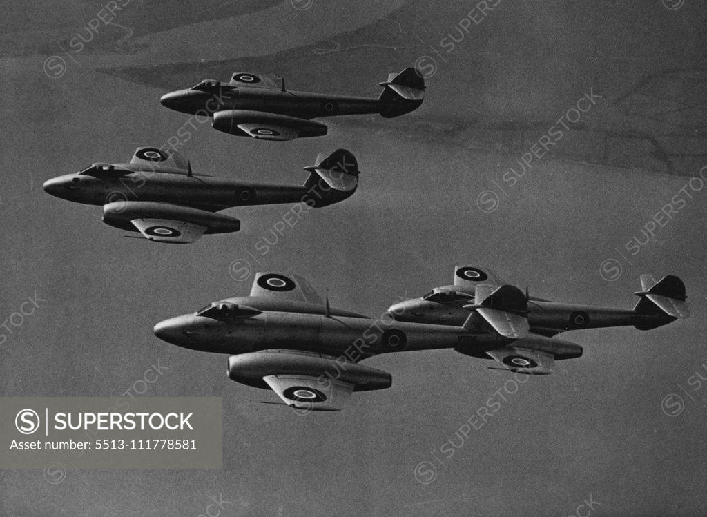 Stock Photo: 5513-111778581 World's Fastest Fighter Group in the Air First photographs taken in the air of the ***** IV Meteor jet planes of the R.A.F. ***** group stationed at Horsham St. Faith, ***** Norwich, shows some of the planes on a training flight over the east coast of England. This group is equipped with the new mark IV Meteor jet planes which are fitted with the improved power units giving twice the power of the Meteor Mark III, and making them the fastest fighter group in operation in the world. April 28, 194