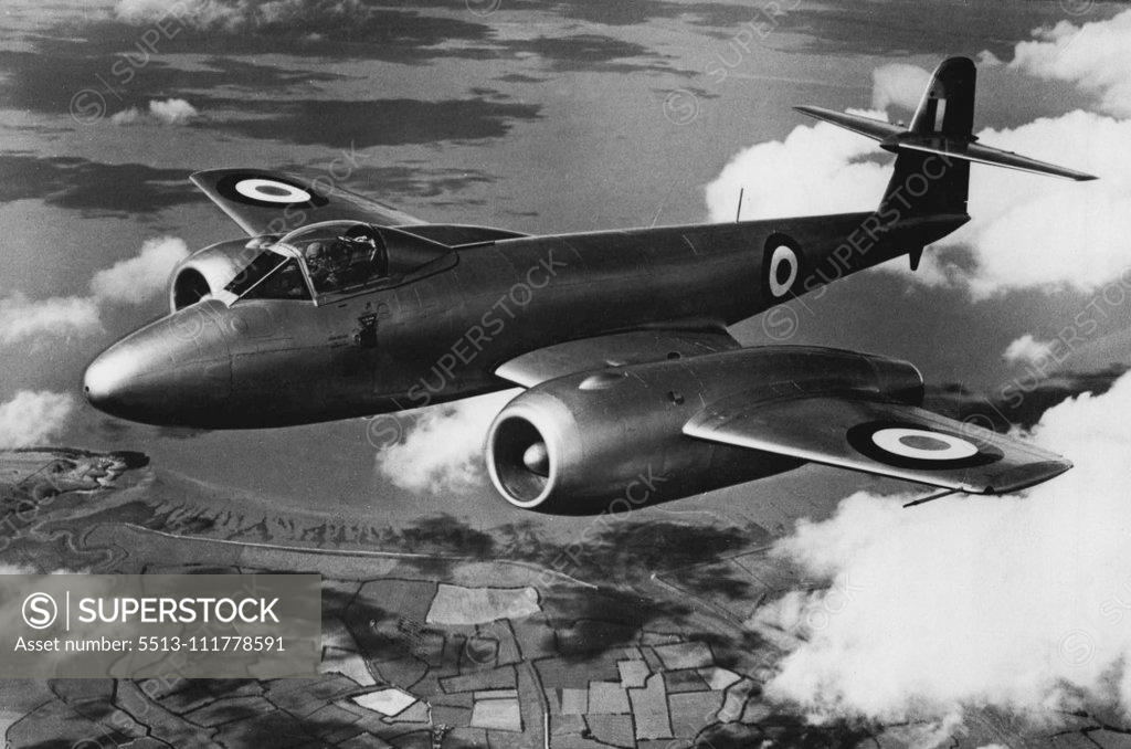 Stock Photo: 5513-111778591 Britain is Flying World's Most Powerful Two of the Sapphire jets installed in a Gloster Meteor 8 fighter. Performance details of the engine are still secret. Compressing the power of four Super-Fortress engines in its 2,500 pounds bulk, the Armstrong Siddeley Sapphire has been disclosed as the world's most powerful jet. The Sapphire Just secret list, has another achievement to its credit - its designers have in a large measure, countered the high fuel consumption that was the drawback of earlier