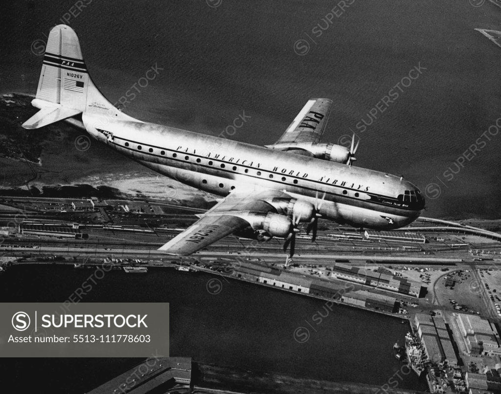 Stock Photo: 5513-111778603 New Luxury Service To U.S.: Pan American World Airways "Strato" Clipper, called the world's "fastest and most luxurious" commercial passenger plane. These giant airliners will be used on Pan American's new luxury air service to the United States. The doubledecked "Strato" Clippers carry 56 passengers with individual Sleeperette seats or single-occupancy berths for each. A club lounge on the lower deck, reached by a spiral staircase within the plane, offers complete bar service. The huge Clippers