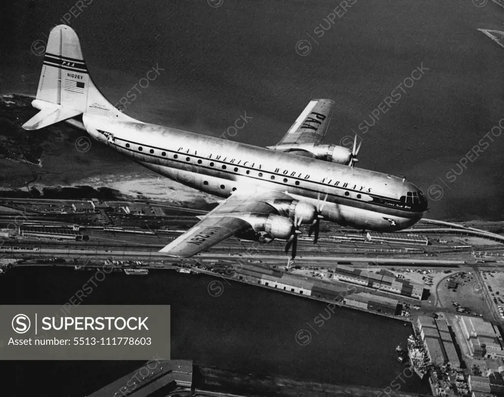 New Luxury Service To U.S.: Pan American World Airways "Strato" Clipper, called the world's "fastest and most luxurious" commercial passenger plane. These giant airliners will be used on Pan American's new luxury air service to the United States. The doubledecked "Strato" Clippers carry 56 passengers with individual Sleeperette seats or single-occupancy berths for each. A club lounge on the lower deck, reached by a spiral staircase within the plane, offers complete bar service. The huge Clippers