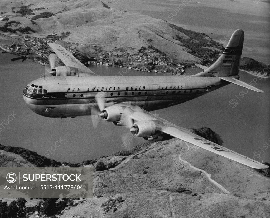 Stock Photo: 5513-111778604 New Luxury Service To U.S.: - Pan American World Airways "Strato" Clipper, called the world's "fastest and most luxurious" commercial passenger plane. These giant airliners will be used on Pan American's new luxury air service to the United States, The doubledecked "Strato" Clippers carry 56 passengers with individual Sleeperette seats or single-occupancy berths for each, A club lounge on the lower deck, reached by a spiral staircase within the plane, offers complete bar service. The huge Clippe