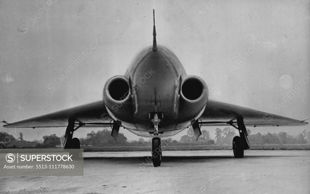 Stock Photo: 5513-111778630 Britain's first international twin-engined 'flying triangle' fighter the Gloster GA 5 - newly off the secret list. The all-weather, day and night, long-range fighter - produced by the Hawker Siddeley group - is powered by two Armstrong Siddeley Sapphires (claimed as the world's most powerful jet engine). Speed, armament, and radar geat are top secret. The new Delta fighter was first flown on November 26 by Gloster's Chief Test Pilot, Squadron Leader 'Bill' Waterton, at Moreton Valence aerodrome.