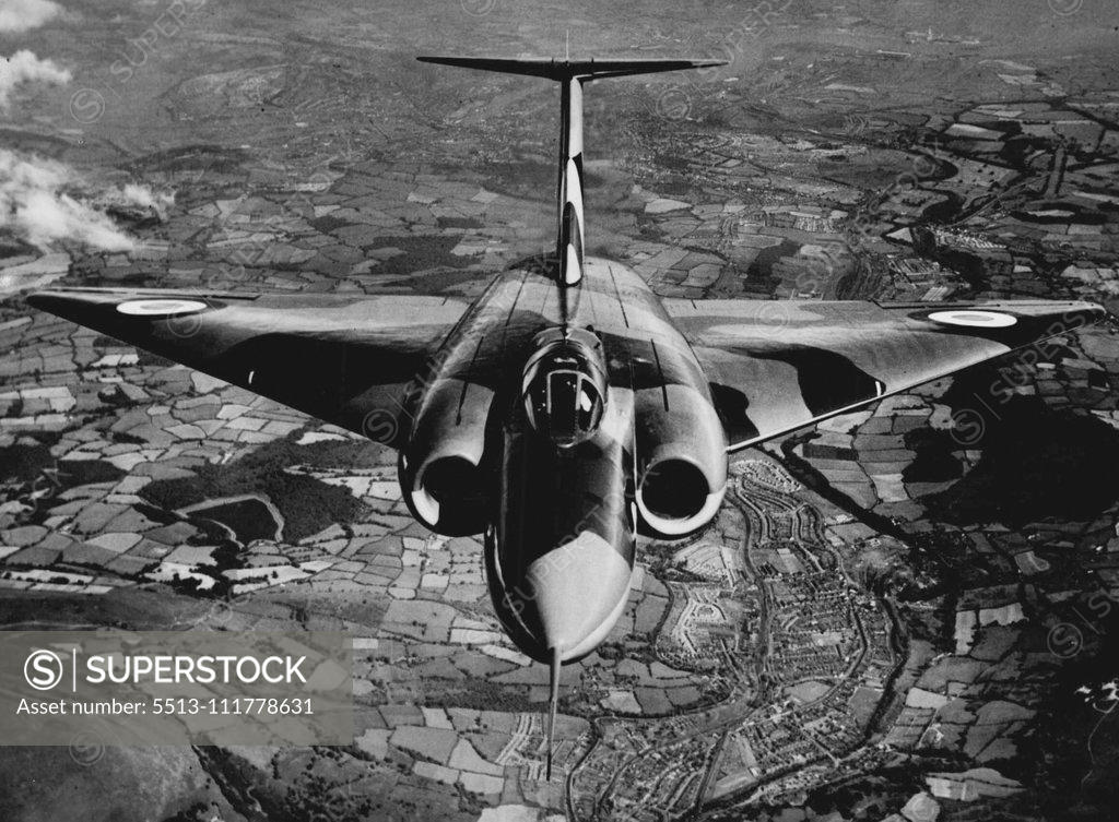 Stock Photo: 5513-111778631 Wonder of the Javelin Revealed: Beats Vision Barrier to 'Kill' Atom Bombers. British security has lifted the veil on hitherto secret facts about the Gloster GA5 Javelin all-weather supersonic Delta fighter (of which this is a new air-to-air picture) the atom *****. August 26, 1952.
