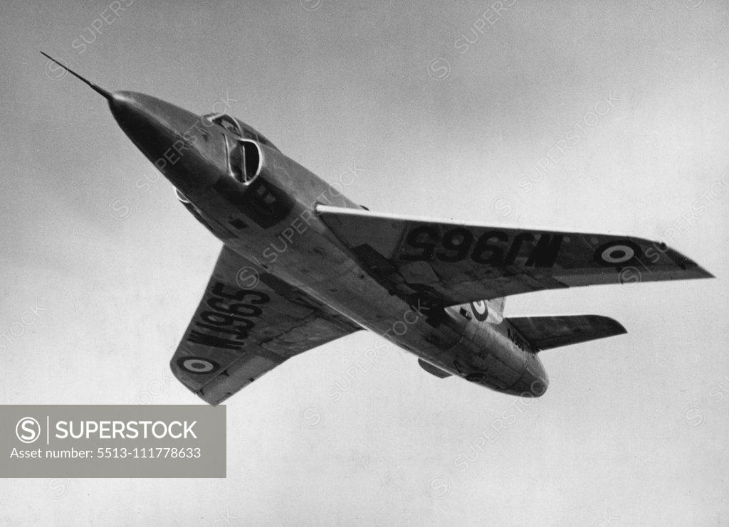 Stock Photo: 5513-111778633 Pre-View At Farnborough Supermarine Swift, one Rolls-Royce Avon turbo-jet engine, single seat, swept-wing fighter, seen in flight at the Farnborough preview today. It is in super-priority production for the RAF. September 01, 1952.