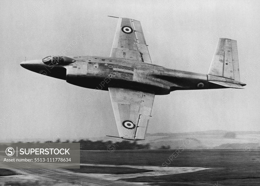 Stock Photo: 5513-111778634 A New Naval Fighter A photograph just released of the new naval fighter, the Vickers Supermarine 508, which has been designed for the Royal Navy. It is powered by two Rolls Royce Avon jet engines, and it has a "butterfly" tail unit in which hinged trailing portions work both as elevators, (operated together) and rudders (operated differentially). It is expected to be seen at the Farnborough air show this week. September 11, 1951.