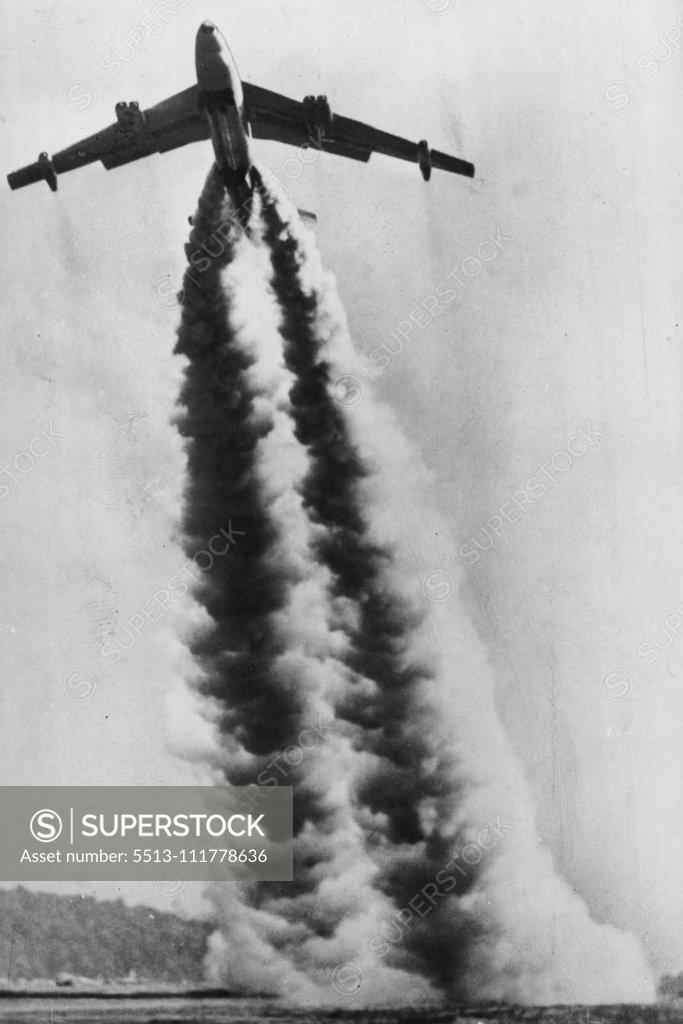 Stock Photo: 5513-111778636 Stratojet Takes Off - Trailing smoke form its jet ***** and 18 jet assist take-off units, the second ***** built XB-47 took off on its maiden flight from ***** field here today. The stratojet flew to Moses ***** Force Base where it will be given further tests. January 01, 1948. (Photo by AP Wirephoto).