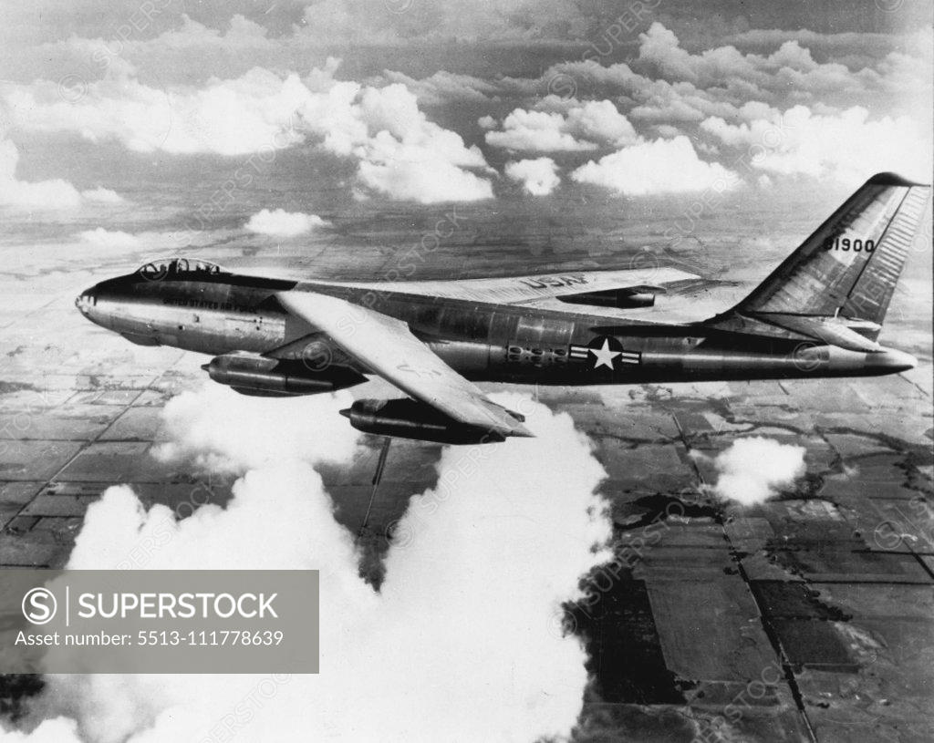 Stock Photo: 5513-111778639 To Use Jet Bomber for Atomic Tests - The Air Force said today three types of bombers - one the B-47 all-jet medium bomber like this one soaring just above the clouds on a test flight -- will be used in the atomic tests in the Pacific. The B-47 is a six-jet engine powered, swept-wing plane in the "600-mile-per-hour speed class." March 21, 1951. (Photo by AP Wirephoto).