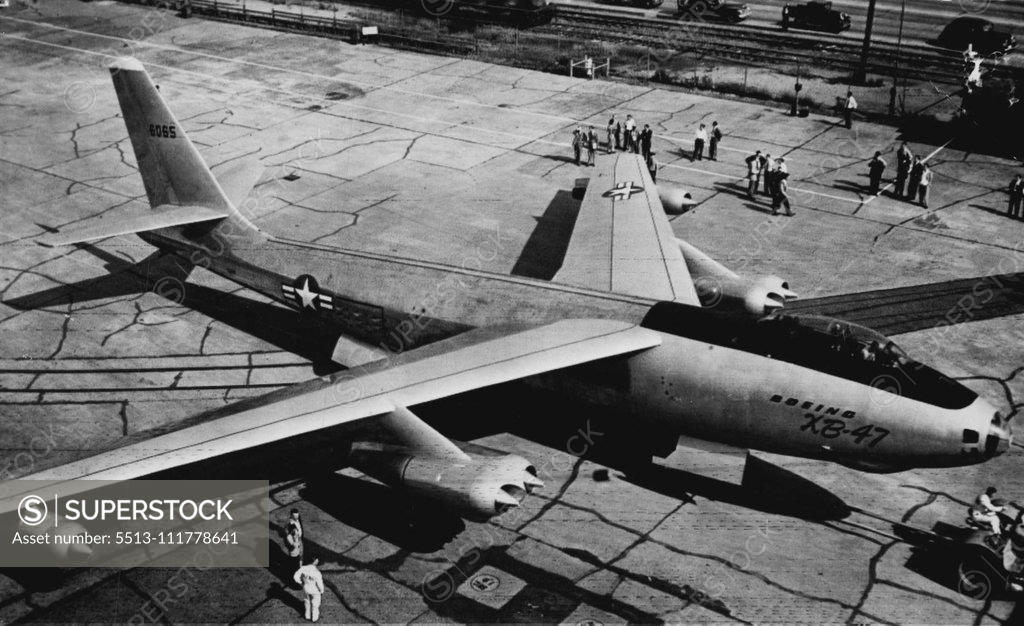 Stock Photo: 5513-111778641 New High Speed Jet Bomber Has Sweptback Wings -- As large as B-29 Superfortress, this new Boeing XB-47 rolled out of hangar today is powered with six jet engines. The Army Air Forces and Boeing call it a "radical new experimental design" with the inverted wings and tail surfaces. Ground and taxing tests starts soon. September 29, 1948. (Photo by AP Wirephoto).