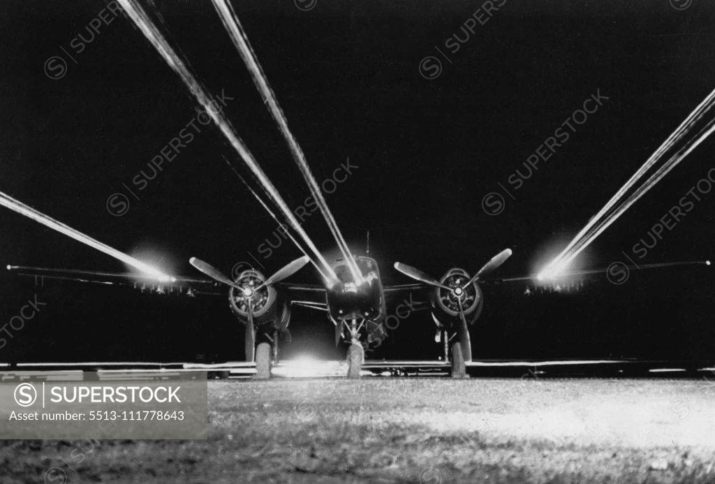 Stock Photo: 5513-111778643 A U.S. air force B26 light bomber has its 14 forward firing 50 caliber machine guns tested at an airfield in Korea prior to a night mission against Communist targets. October 22, 1952. (Photo by Far East Air Force Photo).