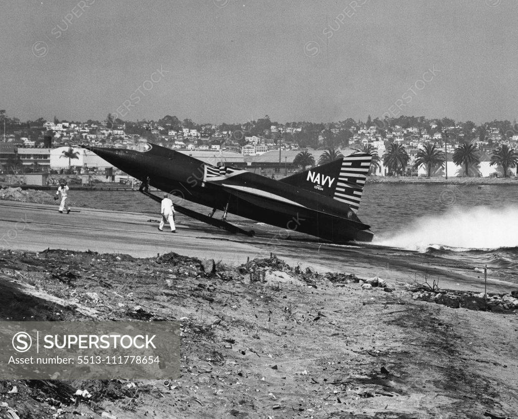 Stock Photo: 5513-111778654 Like a needle-nosed hunter from the deep, the Navy's Sea-Dart, a revolutionary new seaplane built by Convair, emerges from San Diego Bay following a fast test run. The new craft requires no beaching gear, emerging from or taking to the water under its own power, supplied by two Westinghouse turbojet engines. The hydroskis, retractable after takeoff, operate on the same principle as water skis used by sports enthusiasts. September 10, 1953.