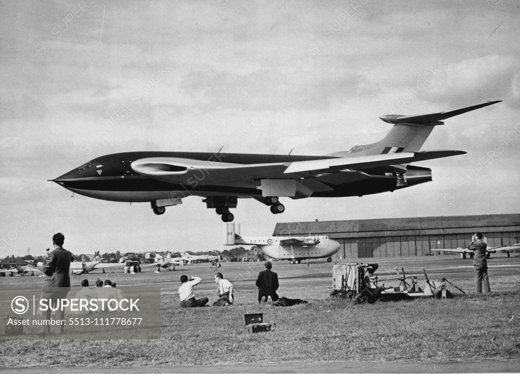 Stock Photo: 5513-111778677 S.B.A.C. Flying Display At Farnborough The Handley Page Victor Bomber which is powered by four Armstrong Siddley sapphire Jet engines, landing at Farnborough today after taking part in the flying display. September 09, 1953. (Photo by Fox Photos).