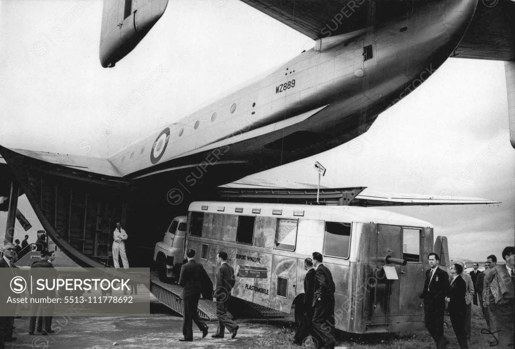 Stock Photo: 5513-111778692 Britain's Aircraft On Show -- A mobile Workshop, weighing 12 tons, being driven into the great hold of the Beverley Transport aircraft. The great Air Display and Exhibition organised by the Society of British Aircraft Constructors, opened at Farnborough, Hampshire. September 07, 1954. (Photo by Sport & General Press Agency, Limited).