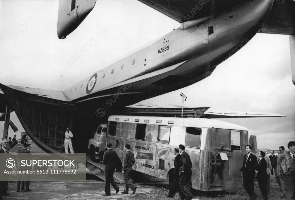 Britain's Aircraft On Show -- A mobile Workshop, weighing 12 tons, being driven into the great hold of the Beverley Transport aircraft. The great Air Display and Exhibition organised by the Society of British Aircraft Constructors, opened at Farnborough, Hampshire. September 07, 1954. (Photo by Sport & General Press Agency, Limited).