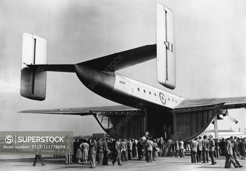 Stock Photo: 5513-111778694 Flying Display And Exhibition Opens Today At Farnborough Aerodrome, Hants - Crowd queueing up to inspect the Blackburn General Aircraft Ltd. Prototype Beverley, a freighter, at the Exhibition today. Large crowds today attended the 1953 Flying Display and exhibition, showing the products of the Members of the Society of British Aircraft Constructors, which opened today at Farnborough Aerodrome, Hants. September 07, 1953. (Photo by Fox Photos).