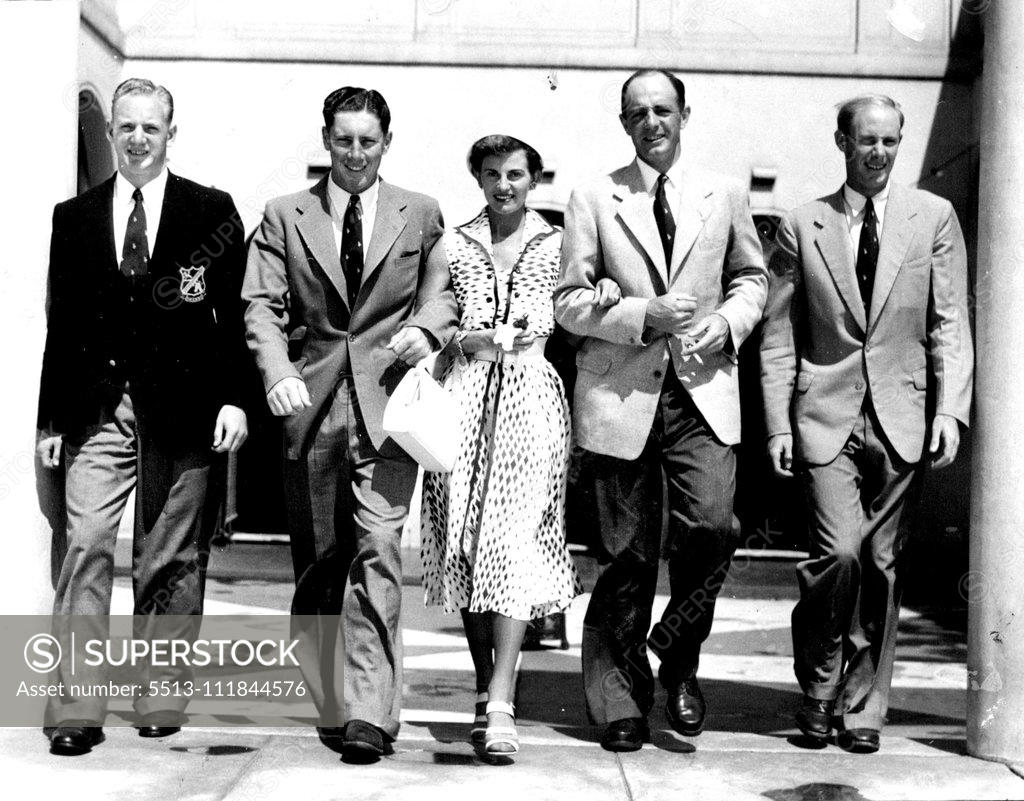 Stock Photo: 5513-111844576 Model. Australian-born model. Mrs. Ossendryver (formerly Roma Blair), who has been working in South Africa, is here wishing South African cricketers luck today. The cricketers (from left to right) are, Eddie Fuller, Roy McLean, Jack Cheetham and Gerald Innes (see story below). January 03, 1952.;Model. Australian-born model. Mrs. Ossendryver (formerly Roma Blair), who has been working in South Africa, is here wishing South African cricketers luck today. The cricketers (from left to right) are, Ed