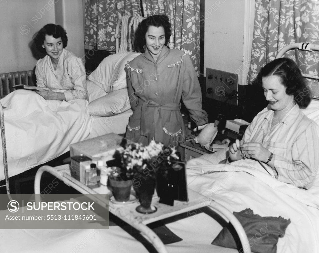 Stock Photo: 5513-111845601 Ex-Service Women's tuberculosis ward at Concord Hospital is cheerfully curtained, gaily painted. Joy Rawlands (left) is 16, saw no war service, but is entitled to use repat. Hospital because her father was killed in action. August 21, 1948.;Ex-Service Women's tuberculosis ward at Concord Hospital is cheerfully curtained, gaily painted. Joy Rawlands (left) is 16, saw no war service, but is entitled to use repat. Hospital because her father was killed in action.