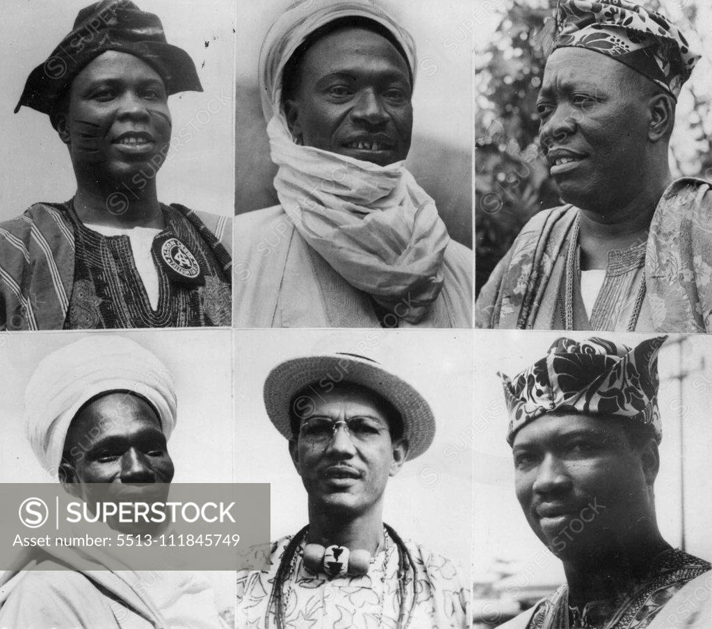 Stock Photo: 5513-111845749 ***** been appointed to ia's first council of ministers, under the country's new constitution which has just come into force. Top row left to right : S. L. Akintola, 41, Minister of Labour: Alhaji Usman Nagogo, C B. E. 47 Minister without Portfolio: Sir Adesoji Aderemi, K. B. E., C. M. G., the Oni of ***** Ife, 61, Minister without Portfolio. June 19, 1952. (Photo by Associated Press Photo).;***** been appointed to ia's first council of ministers, under the country's new constitution w
