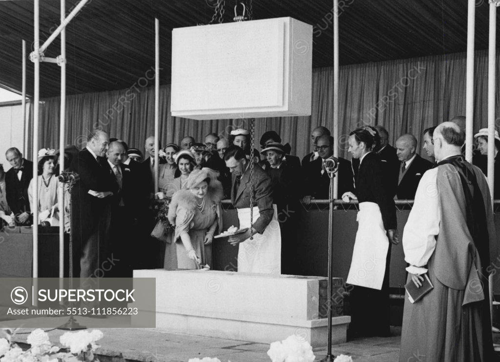 Stock Photo: 5513-111856223 Queen Lays Foundation Stone Of National Theatre -- The scene at the site of the South Bank between the Royal Festival Hall and Waterloo Bridge this morning, when H.M. The Queen laid the foundation stone of the National Theatre. Princess Elizabeth is seen behind the Queen, and the Archbishop of Canterbury on the right. August 09, 1951.;Queen Lays Foundation Stone Of National Theatre -- The scene at the site of the South Bank between the Royal Festival Hall and Waterloo Bridge this morning, when H