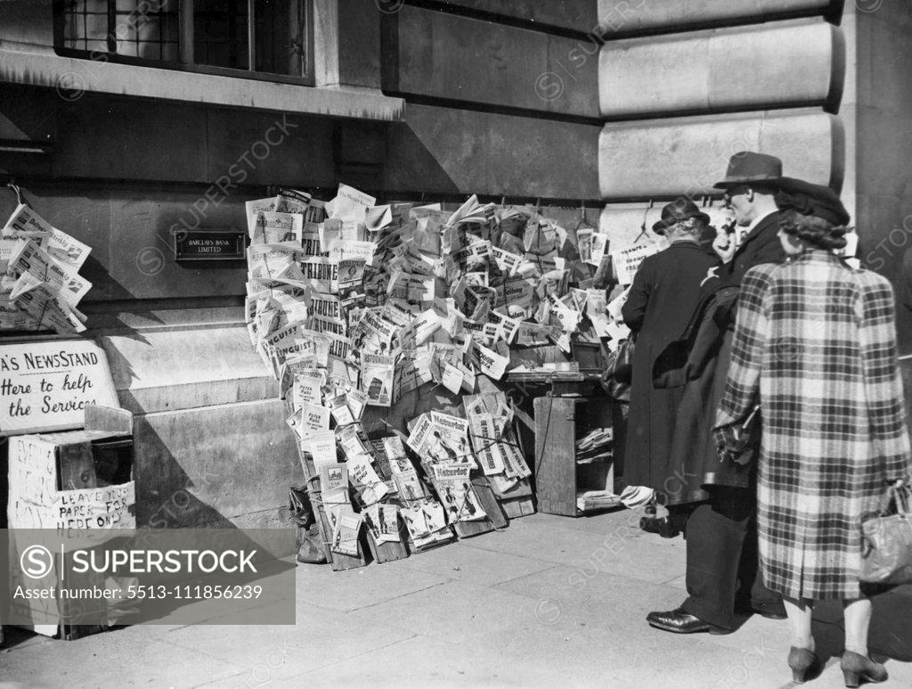 Stock Photo: 5513-111856239 Piccadilly Circus In Wartime -- Papers of all the Allied nations can be bought in this corner where Regent Street joins Piccadilly Circus. It is known as "Ma's News Stand". March 12, 1951. (Photo by Pictorial Press).;Piccadilly Circus In Wartime -- Papers of all the Allied nations can be bought in this corner where Regent Street joins Piccadilly Circus. It is known as "Ma's News Stand".