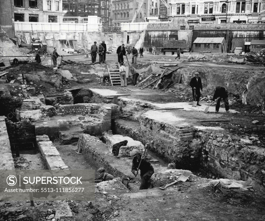 Stock Photo: 5513-111856277 Reprieve For City's Roman Temple -- A general view of the excavated Roman Temple on the site of the proposed block of offices, Bucklesbury House, near Cannon Street, in the City, which has been reprieved for a fortnight by an appeal from the Minister of Works, Sir David Eccles. Work on the foundations of the new offices was to have commenced yesterday, but the contractors have agreed to hold it up for a while. The discovery of the remains of the roman temple, built about 1,700 years ago, is said