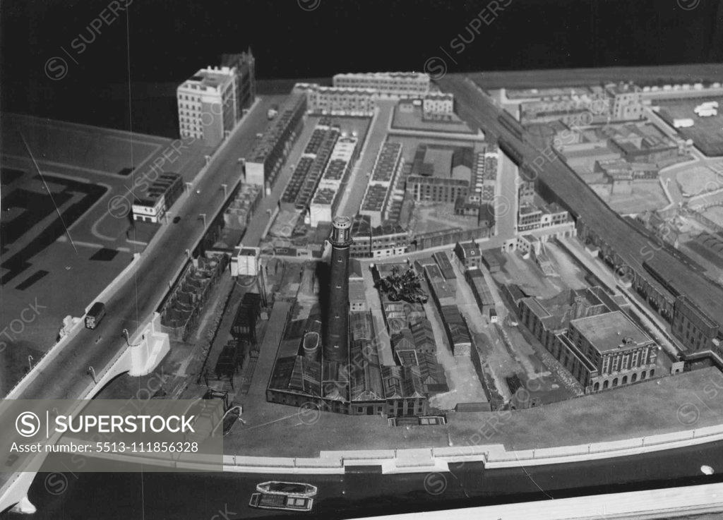 Stock Photo: 5513-111856328 Model of the New South Bank. A section of a large model of the South Bank area, as it will appear with the recovered foreshore. Work on the first permanent part of the structure of the new Thames wall on the South Bank starts in London this afternoon (Monday), and a river wall exhibition which includes, old prints, plans and models of the new wall, and a large model of the South Bank area, was opened in County Hall, Westminster this morning. January 17, 1949. (Photo by London News Agency Photos