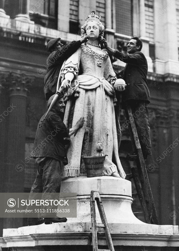Stock Photo: 5513-111856338 "Queen Anne Gets A Wash" Statue Cleaned at St. Paul's Workmen are busy cleaning the statue of Queen Anne outside St. Paul's Cathedral, London, today (Thursday). It is from the steps of St. Paul's that the King will officially declare the Festival of Britain open in May. January 18, 1951. (Photo by Fox Photos).;"Queen Anne Gets A Wash" Statue Cleaned at St. Paul's Workmen are busy cleaning the statue of Queen Anne outside St. Paul's Cathedral, London, today (Thursday). It is from the steps of St.