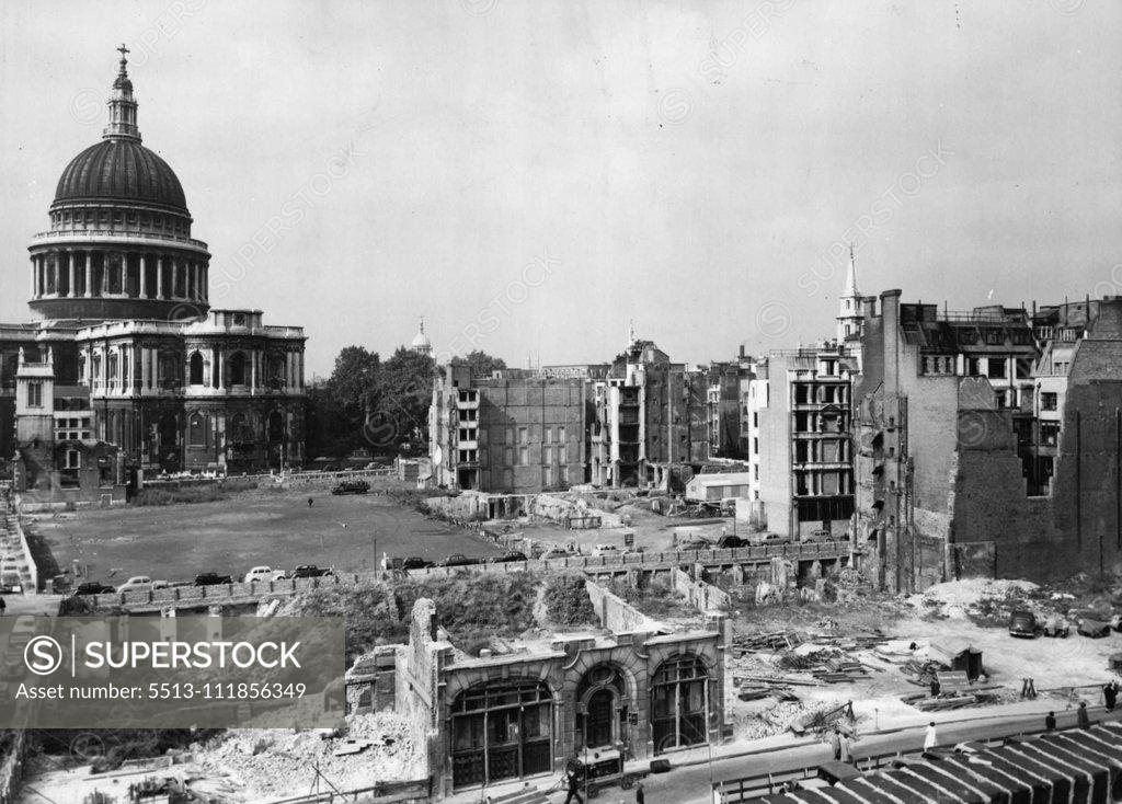 Stock Photo: 5513-111856349 Site Being Prepared For New Bank of England in Shadow of St. Paul's. A general view of the site-clearance work in progress In preparation for the building of the new Bank of England which will have for it's four boundaries - the proposed new precinct road of St. Paul's Cheapside, Bread Street, and Watling Street. The first steps in the re-building of the much-bombed City of London, have been taken with site-clearing work for the new Bank of England, now in progress. The new Bank is to be built i