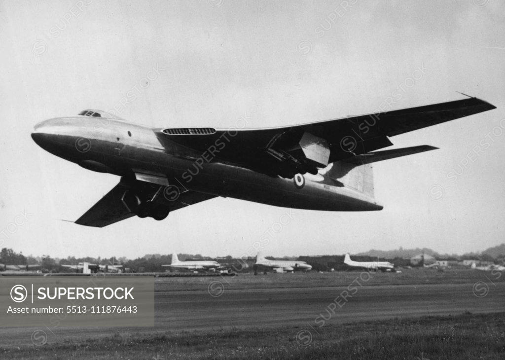 Stock Photo: 5513-111876443 Britain In Air At Farnborough -- Photographed at Farnborough, the Vickers-Armstrongs' "Valiant" long-range bomber, powered by four Rolls-Royce Avon turbo jet engines. The latest developments in British aircraft design and construction are to be seen at the Society of British aircraft Constructors Display at present being held at Farnborough. September 12, 1951. (Photo by Fox Photos).;Britain In Air At Farnborough -- Photographed at Farnborough, the Vickers-Armstrongs' "Valiant" long-range bombe