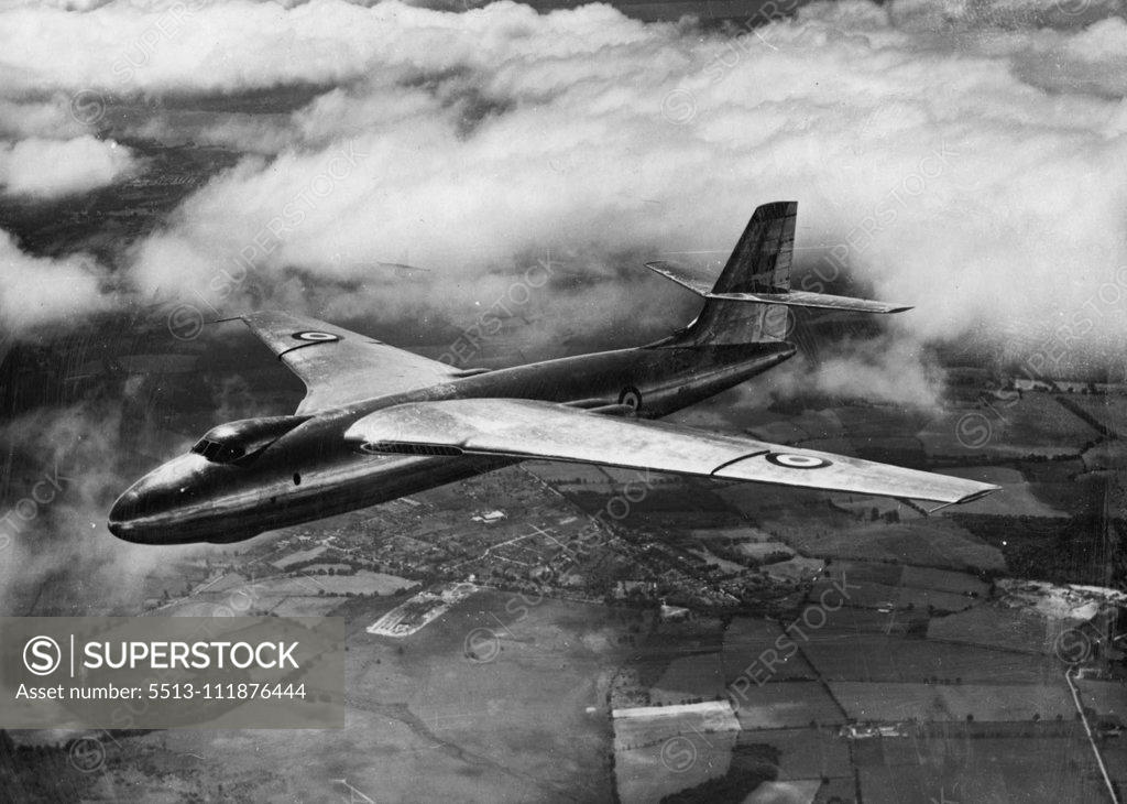 Stock Photo: 5513-111876444 Britain's First Four-Jet Bomber -- The Vickers Valiant in flight over England. This is Britain's first four-jet bomber and a substantial order for the Royal Air Force has already been placed. The Valiant is powered by four Rolls-Royce Avon jet engines. Britain's four-engined Valiant in flight. August 3, 1951. (Photo by Fox Photos).;Britain's First Four-Jet Bomber -- The Vickers Valiant in flight over England. This is Britain's first four-jet bomber and a substantial order for the Royal Air Forc