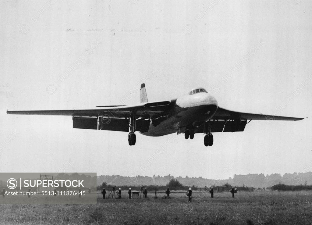 Stock Photo: 5513-111876445 The "Valiant" Comes In. -- The "Vickers", a new four-jet bomber, comes in to land at Farnborough. It is one of 50 types of aircraft which will be on show at the flying display and exhibition of the Society of British Aircraft Constructors which opens here on Wednesday. September 10, 1951. ;The "Valiant" Comes In. -- The "Vickers", a new four-jet bomber, comes in to land at Farnborough. It is one of 50 types of aircraft which will be on show at the flying display and exhibition of the Society of 