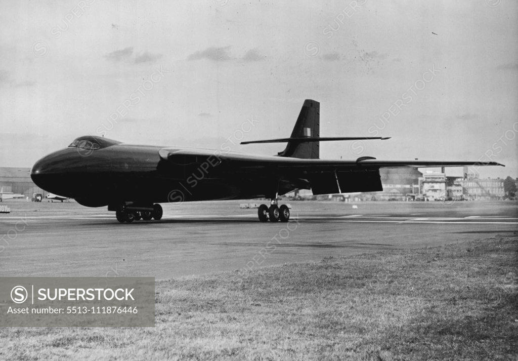 Stock Photo: 5513-111876446 S.B.A.C. Flying Display At Farnborough. -- A Vickers Valiant bomber, powered by four Rolls-Royce Avon jet engines seen on the runway at Farnborough today. September 9, 1953. (Photo by Fox Photos).;S.B.A.C. Flying Display At Farnborough. -- A Vickers Valiant bomber, powered by four Rolls-Royce Avon jet engines seen on the runway at Farnborough today.