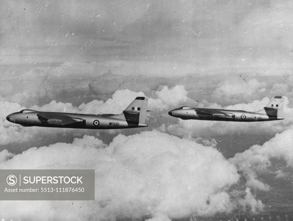 Stock Photo: 5513-111876450 Vickers Valiant -- This first air-to-air photograph of Vickers Valiant for-engined jet bombers in squadron service in R.A.F. Bomber Command were taken during rehearsals for the fly-past by Valiants and Hawker Hunter jet fighters at the Society of British Aircraft Constructor's annual display at Farnborough, Hants, next week. Twelve Valiants from No. 138 Squadron. (Wing Commander R.G.W. Oakley, D.S.O., D.F.C., D.F.M.), based at Wittering, will take part in the fly-past. The Vickers Valiant is the