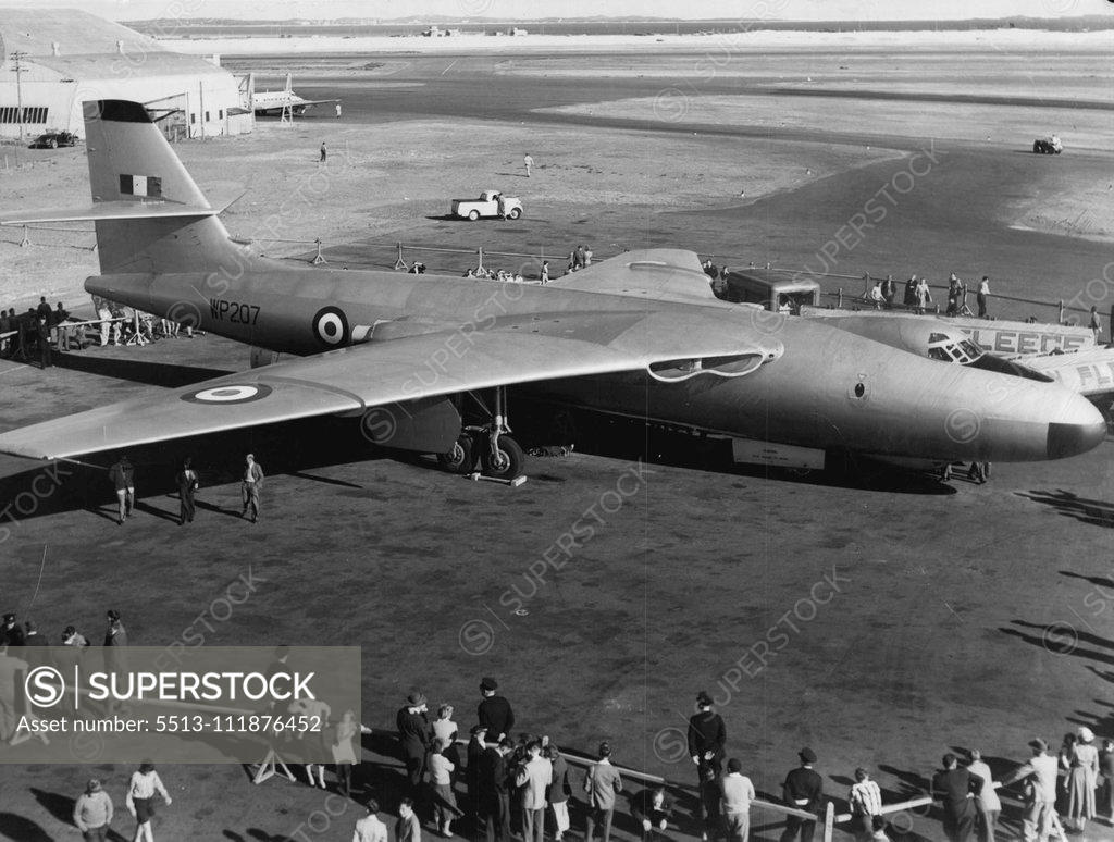 Stock Photo: 5513-111876452 British V-Bomber Arrives -- The Vickers-Armstrong valiant on display at Mascot after arriving to-day. Barricades were quickly erected around it. September 12, 1955. (Photo by Ronald Leslie Stewart/Fairfax Media).;British V-Bomber Arrives -- The Vickers-Armstrong valiant on display at Mascot after arriving to-day. Barricades were quickly erected around it.