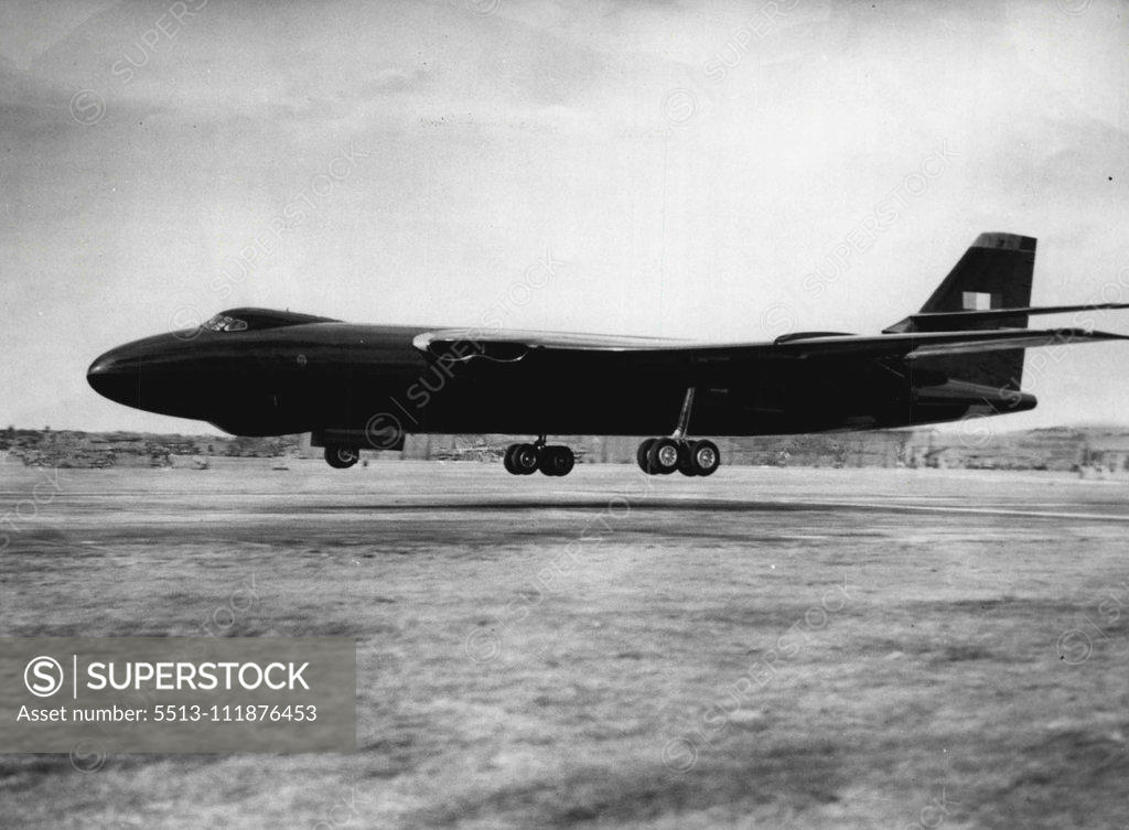Stock Photo: 5513-111876453 Britain's First Swept Wing Jet Bomber -- Two feet to go and the first ***** will be safely accomplished. December 1, 1953.;Britain's First Swept Wing Jet Bomber -- Two feet to go and the first ***** will be safely accomplished.