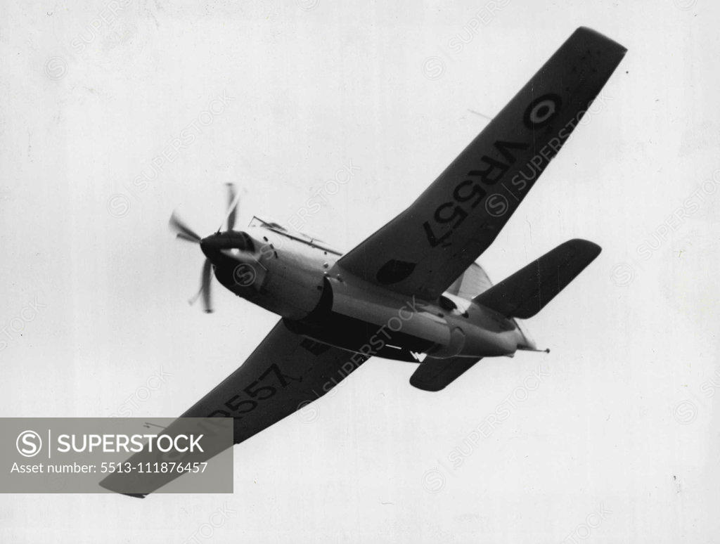 Stock Photo: 5513-111876457 Britain's New 'Sub-Killer' Makes Debut. -- Maidenhead, Berkshire: Making its first public appearance in the air is this new Anti-Submarine Aircraft, the Fairey 17 - designed as a counter measure to the menace of the submarine. The Fairey 17 possesses several unique characteristics, including double fold-up wings to facilitate storage on aircraft carries, and special type of power plant. This power plant is the Armstrong Siddeley "Double Mamba" twin turbine unit, which drives two co-aziat propell