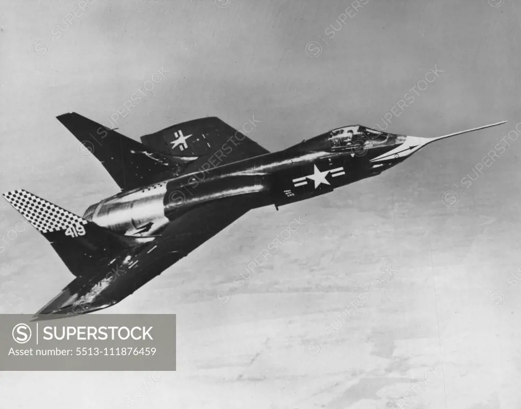 The United States Navy recently authorized production of a "Sizeable quantity" of its new F7U-3 "Cutlass", a radical twinjet, tail-less, fighter plane. Adapted to aircraft carrier operation, the fast-climbing airplane 30mbines high-altitude performance and extreme maneuverability. The Cutlass bas a top speed of more than 600 miles per hour, and is powered by two trubo-jet engines, with after-burners for short bursts of additional speed. The F7U-3 Cutlass is shown during a recent test flight is t
