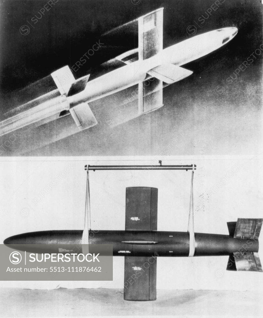 Stock Photo: 5513-111876462 Navy Unveils Rocket-Powered Missile -- The Navy unveiled one of its latest guided missiles with the release of these pictures of the Fairchild Lark, a rocket-powered ship-to-air guided missile listed officially as the XSAM-N-2. At top is an artist's conception of the Lark in flight. At bottom the Lark is being readied for delivery at the factory at Farmingdale, N.Y. The missile has been under test at the Naval Air Missile Test Center, Point Mugu, Calif., but construction specifications and perfo